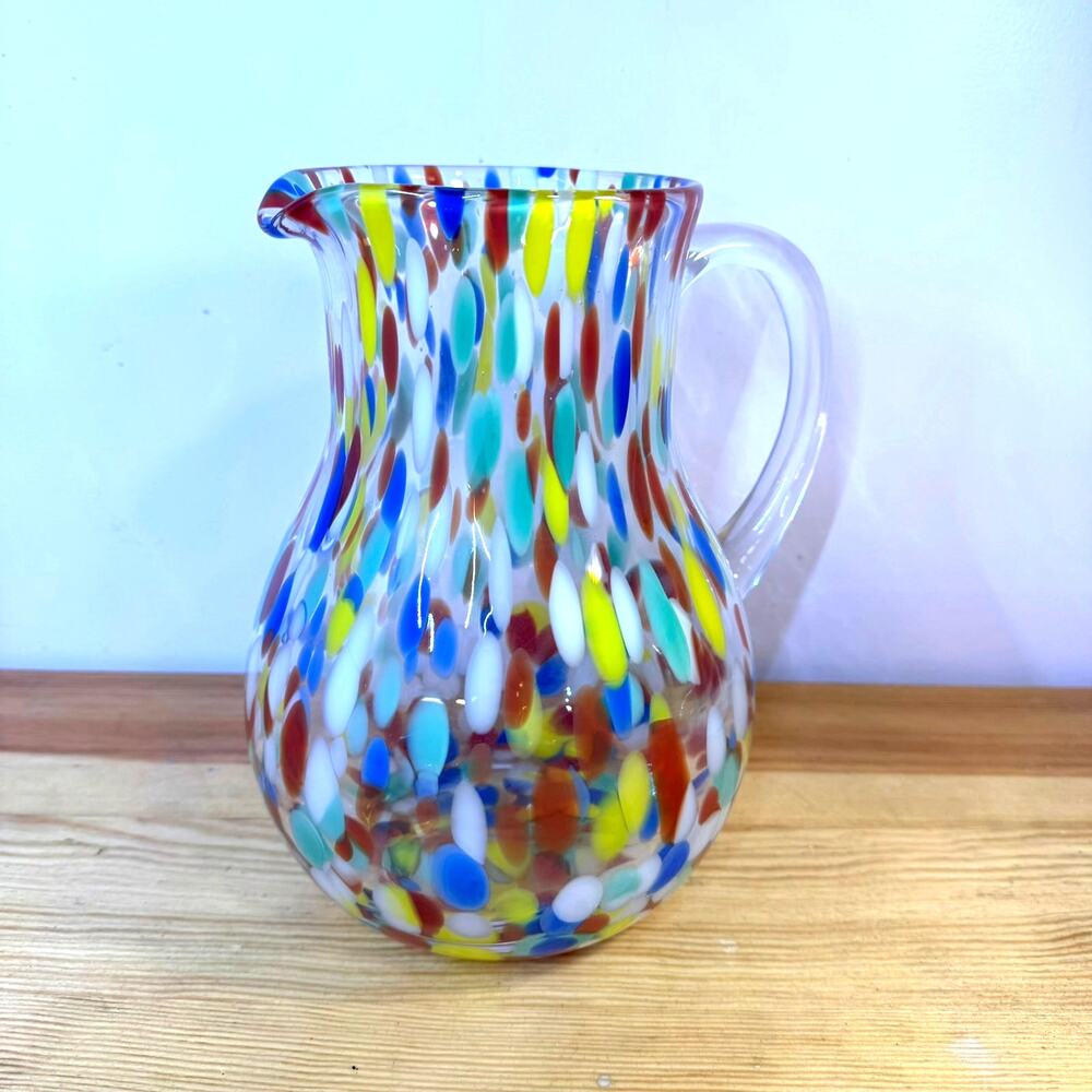 Ovente Confetti Margarita Glass Pitcher Multicolor Hand Blown Style 9.5" Box